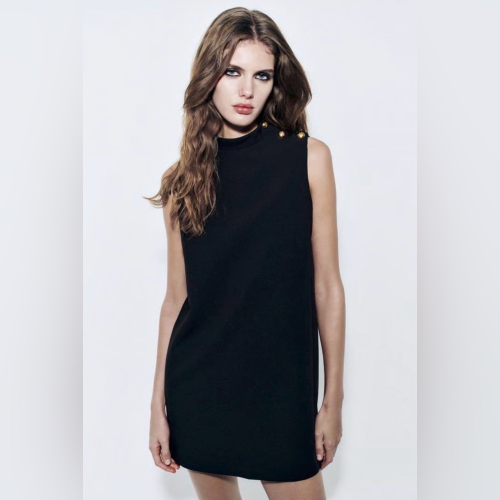 Zara Black Sleeveless Shift Dress Gold Buttons